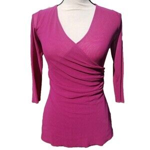 Alex Marie Fuscia Gauzy Blouse Ruched V-Neck Sz Sml 3/4 Sleeve Faux-Wrap Chiffon
